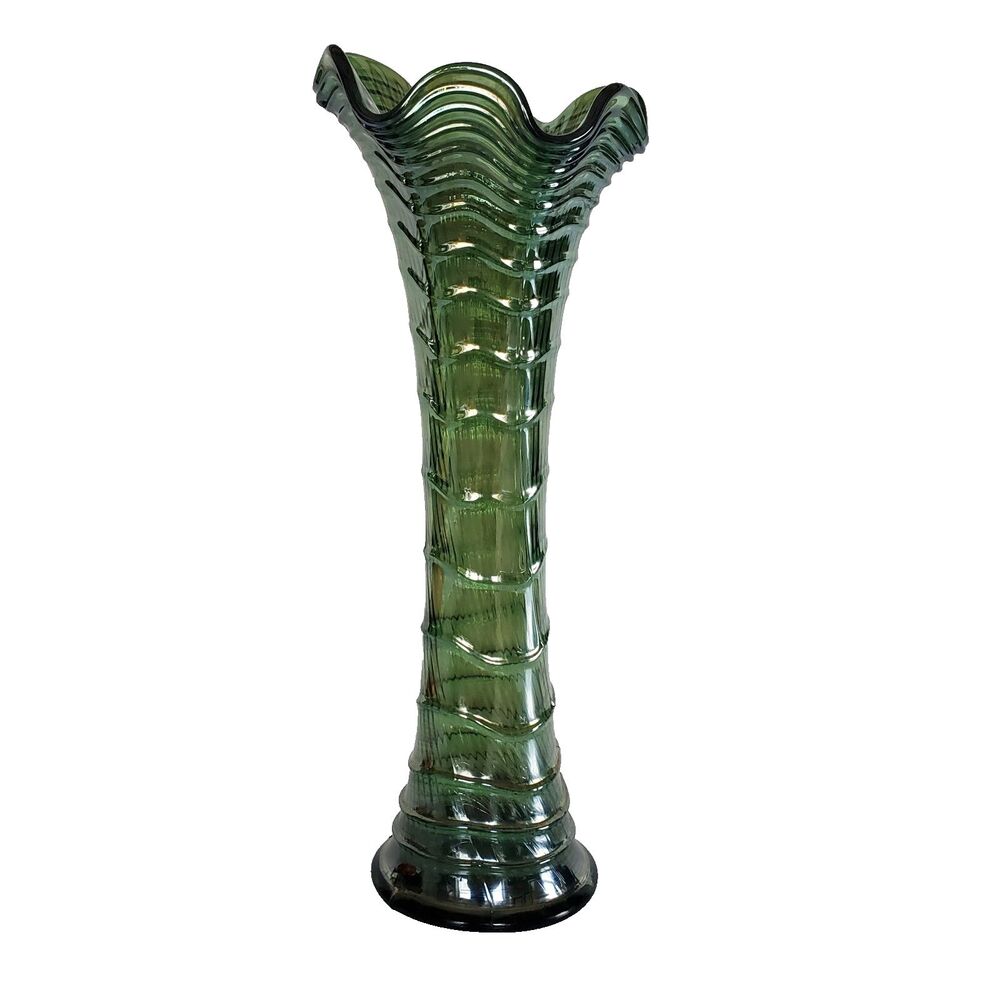 Hollywood Regency Iridescent Green Ribbed Retro Swung Vase 1960's Imperial Glass